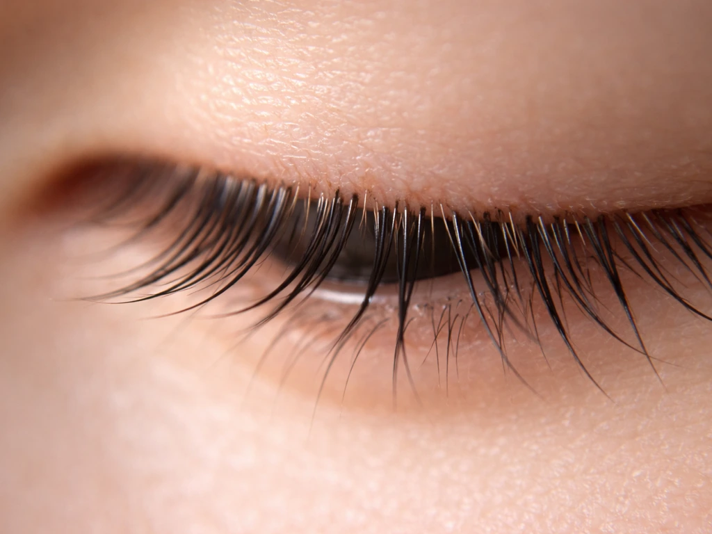 Macro closeup of the upper lash line with lashes at the eyelid margin and follicles implied at roots