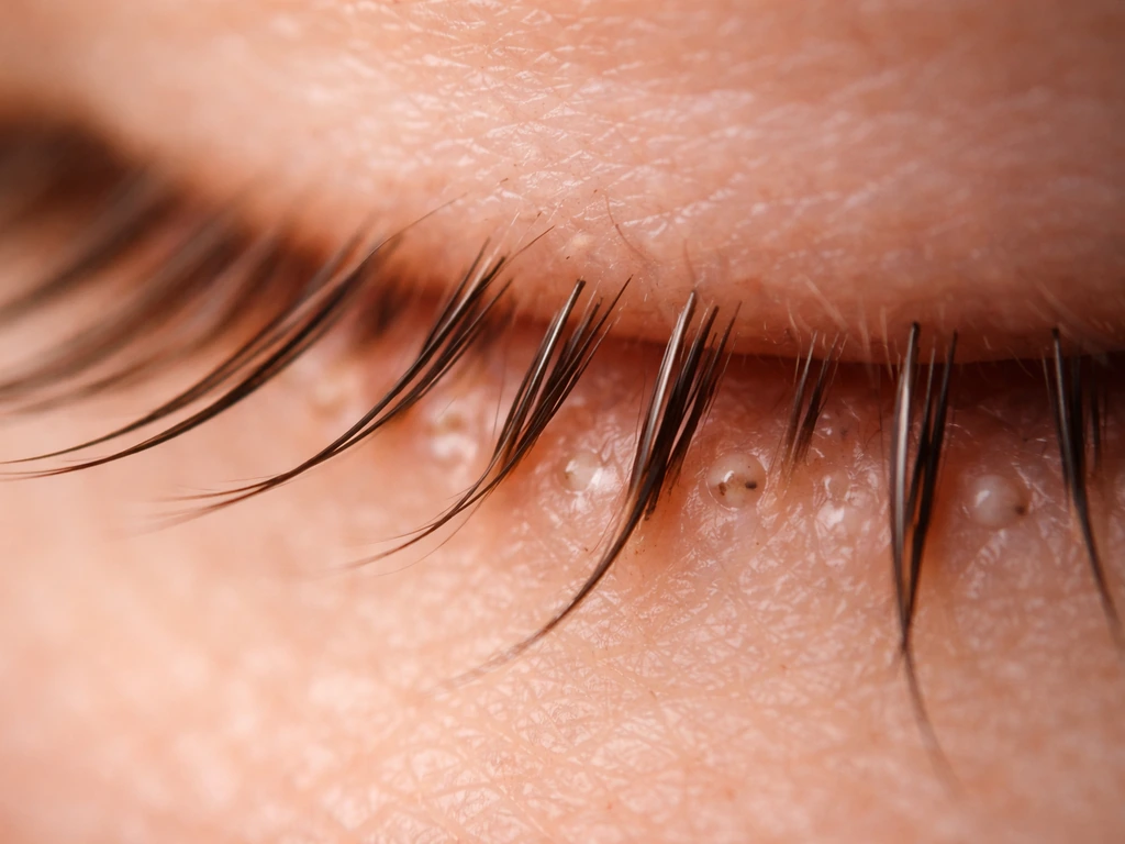 Macro view of the eyelid margin showing lash follicles emerging from the lash line.