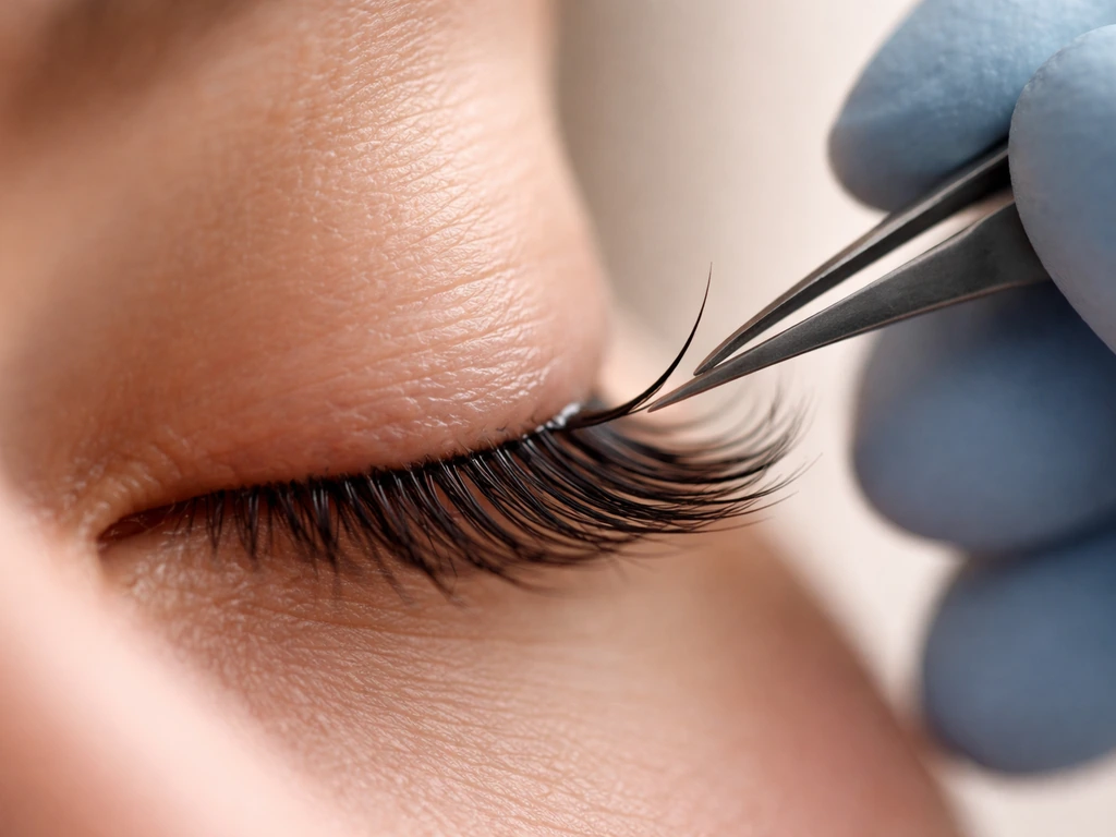 Close-up of eyelashes with a lash extension being applied near the lash line, showing adhesive contact area.