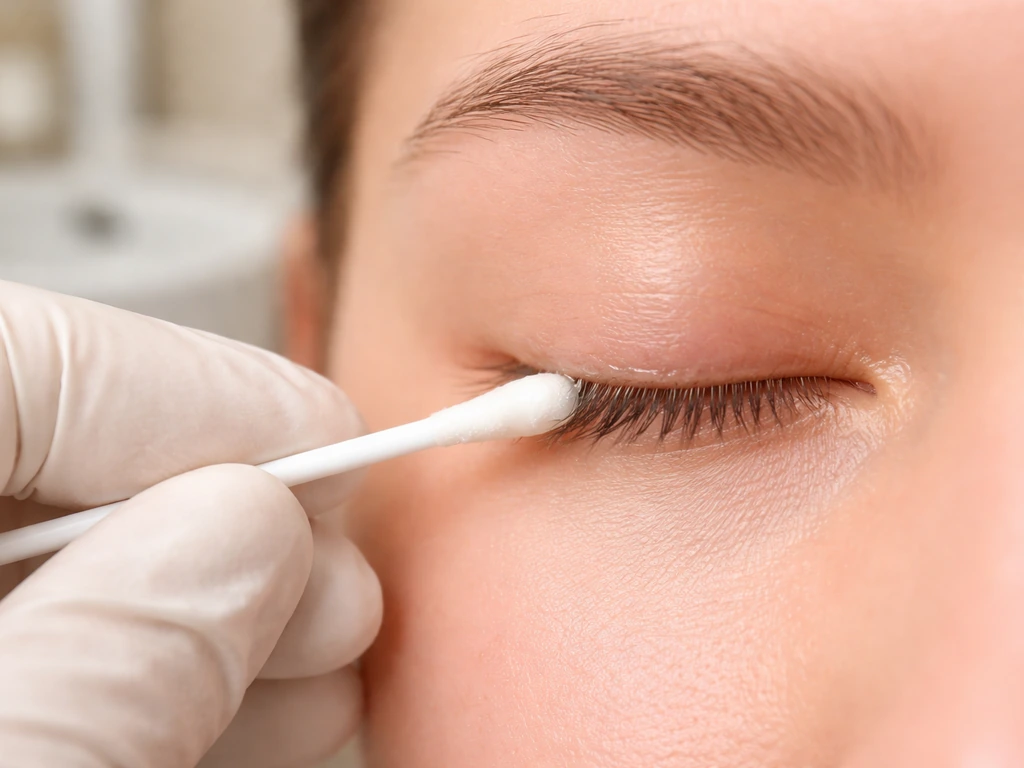Close-up of petroleum jelly applied as a thin line along a clean upper lash line for lash conditioning
