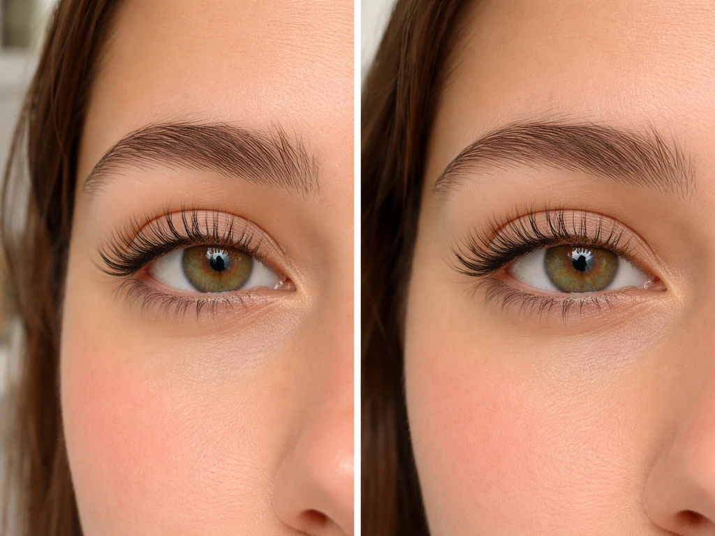 Close-up of lashes with subtle improvement after weeks, minimal side-by-side comparison, no text.