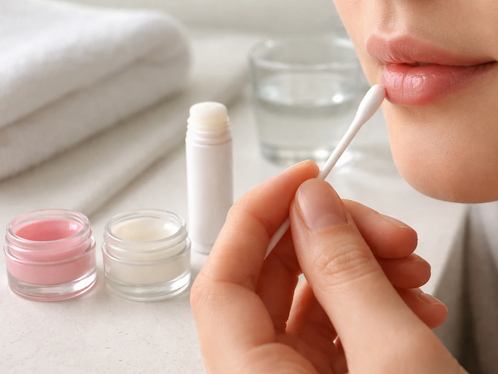 Unlabeled lip-therapy balms on a vanity with balm being carefully applied to closed lips.