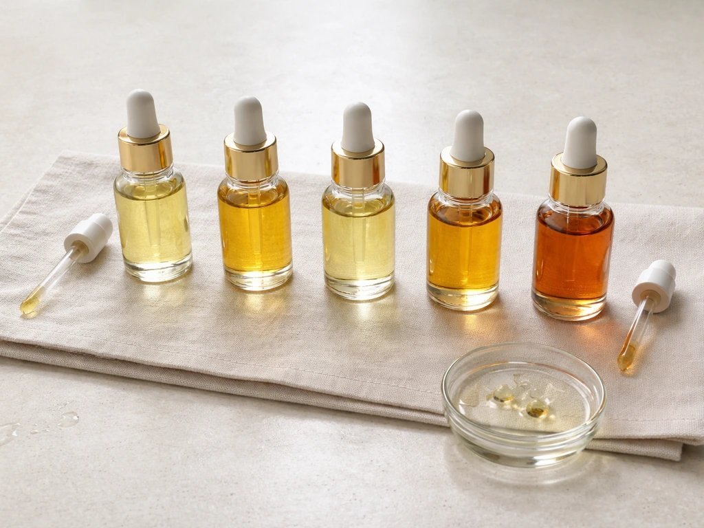 Flat lay of small bottles and droppers with castor, coconut, argan, almond, and olive oils for eyelash care