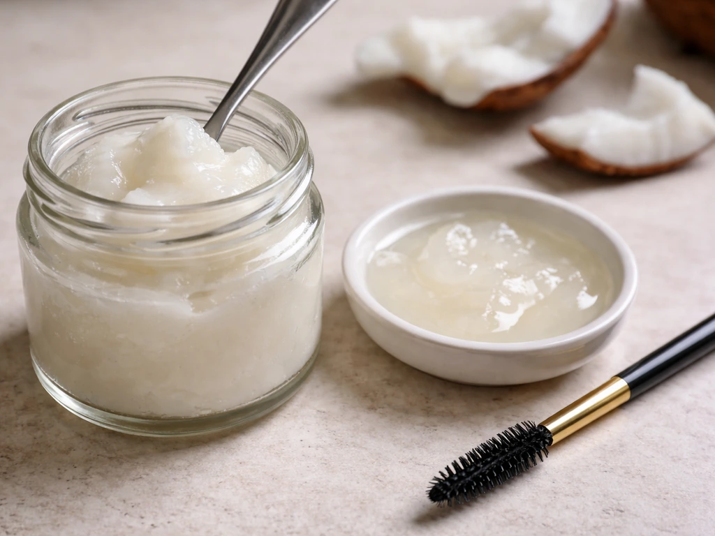 Close-up of coconut oil in a spoon/jar with a small dish of melted coconut oil and a lash applicator nearby.