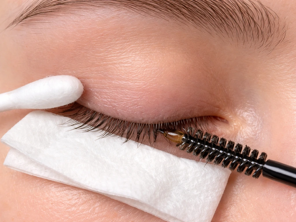 Makeup-free eye area as a cotton swab and spoolie apply a thin oil line along lash base safely