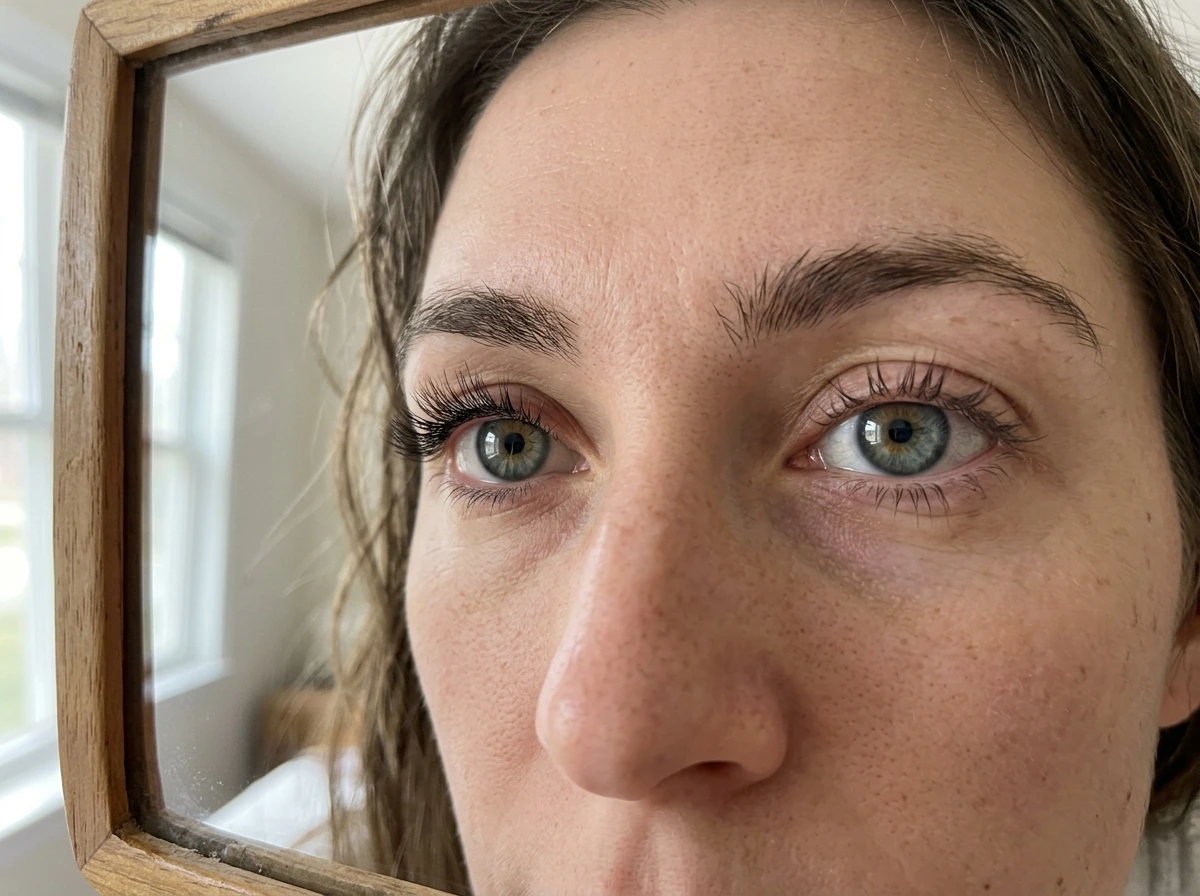 Mirror close-up highlighting natural differences in eyelash thickness and regrowth potential