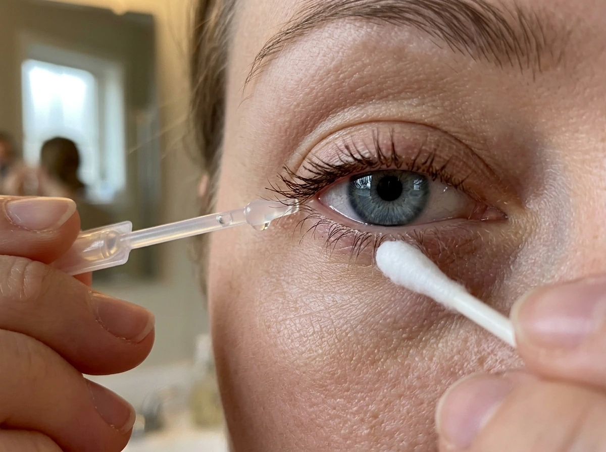 Close-up of the lash line with a clean applicator, showing natural variation in lash density