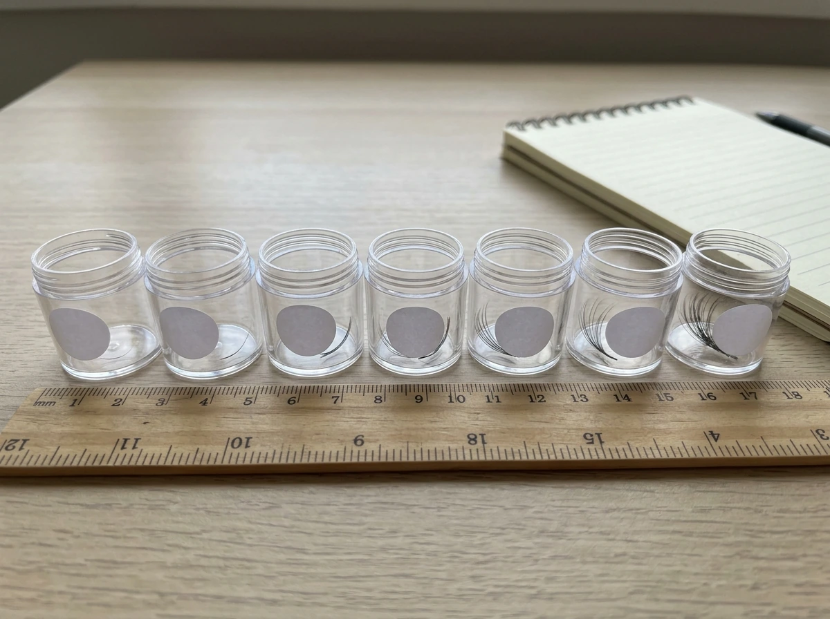 Row of seven containers with lashes of increasing length to show regrowth timeline