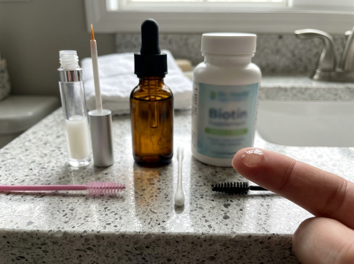 Three lash-improvement options side-by-side: serum applicator, castor oil, and biotin