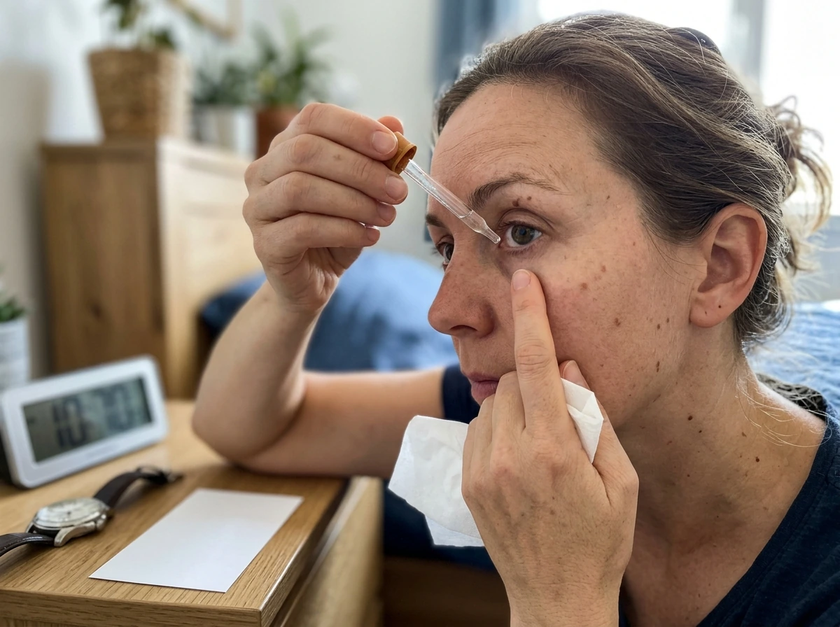 Close-up of careful eyelid/lash-line drop application for safer lash product use