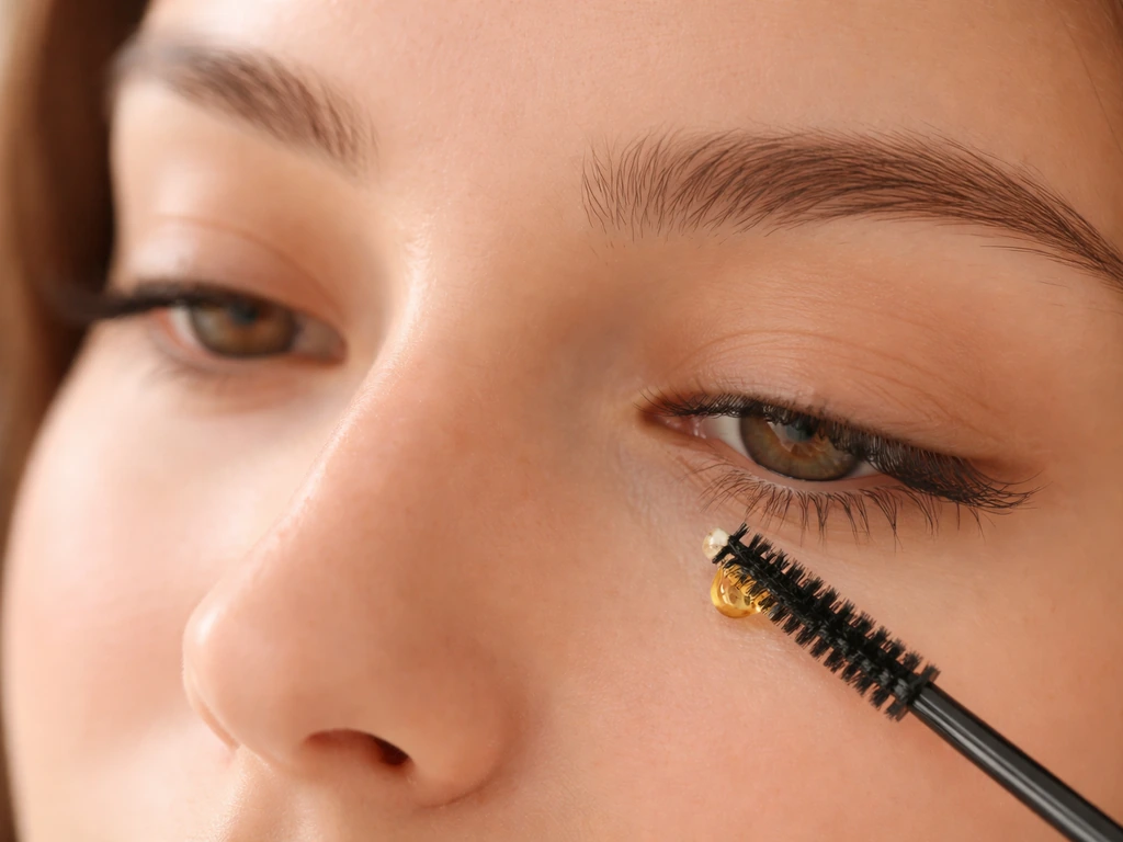 Close-up of eyes with enhanced-looking lashes and a small drop of argan oil on a clean applicator.