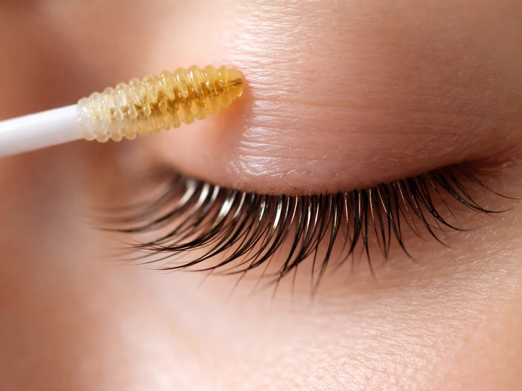Close-up of eyelash line with a clean applicator applying a small amount of glossy argan oil.