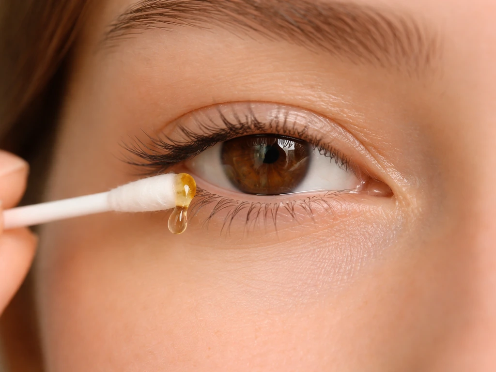Thin argan oil swipe applied to clean lashes with a cotton swab, close-up eye area.