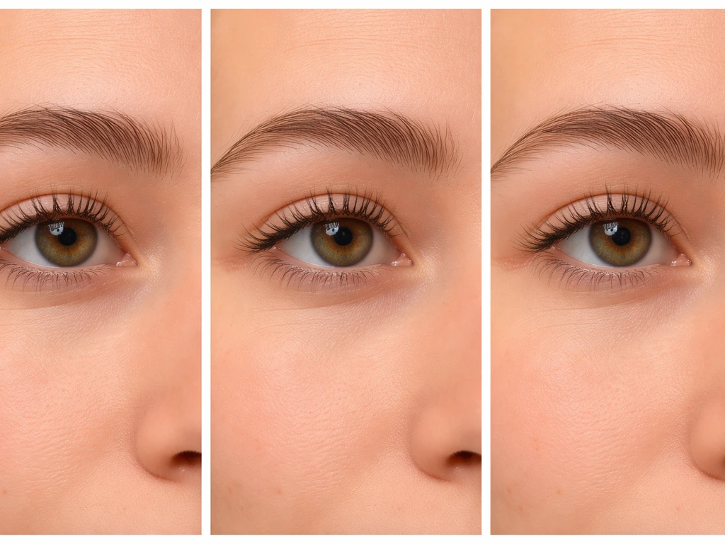 Minimal side-by-side eye-area photos showing lash change at 2, 8, and 12 weeks.
