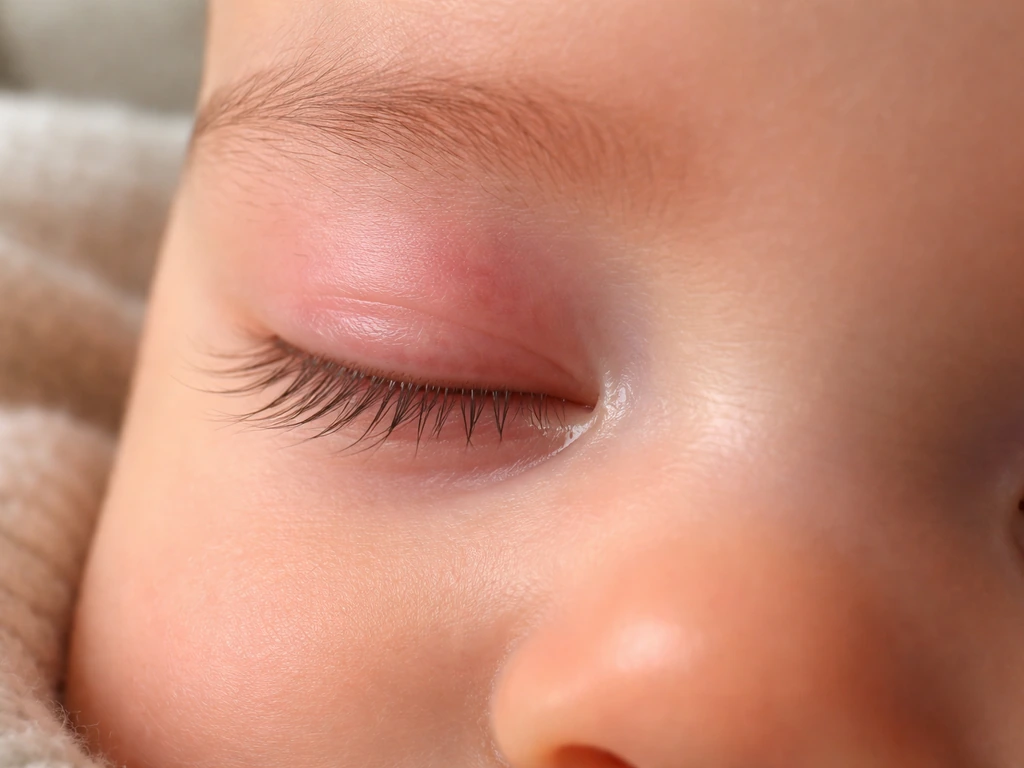 Close-up of an infant gently rubbing an irritated eyelid, lashes looking temporarily thinner from friction