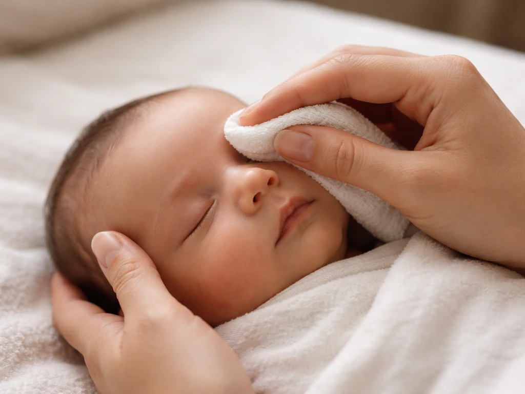 Parent gently wiping a newborn’s closed eyelid with a soft warm damp cloth