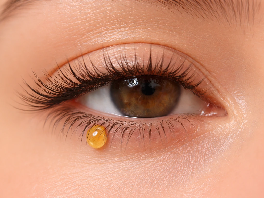 Close-up of natural eyelashes with a small amber drop of batana oil near the lash line.