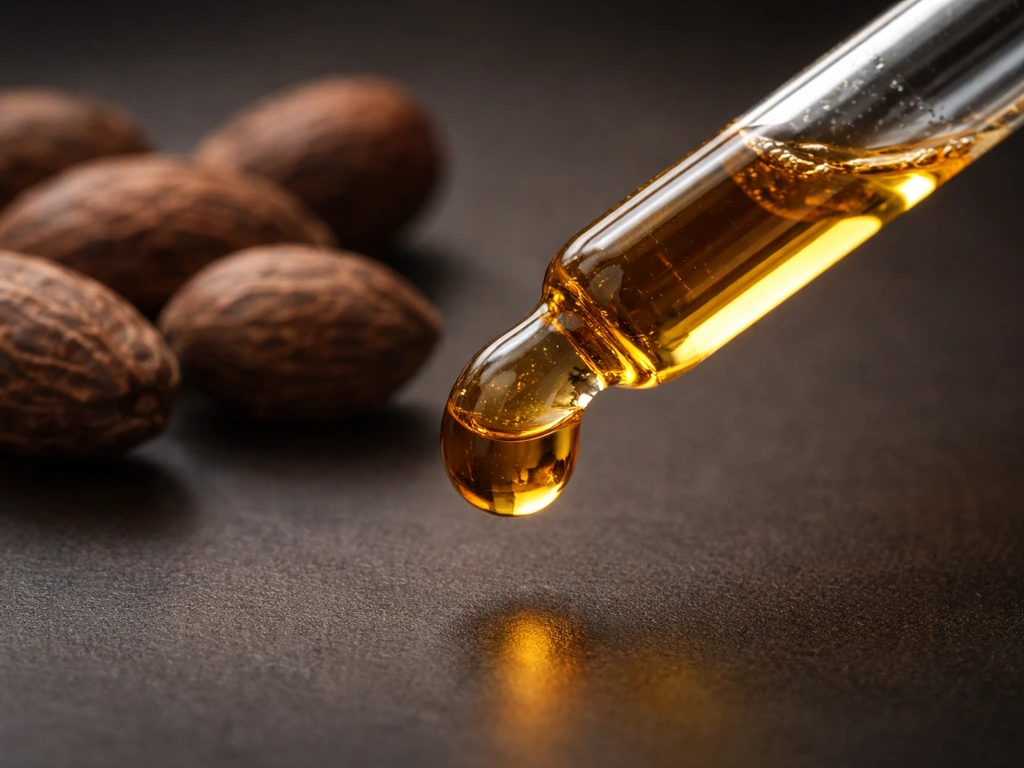Amber batana oil drop in a clear dropper with a few textured palm nuts in soft focus nearby.