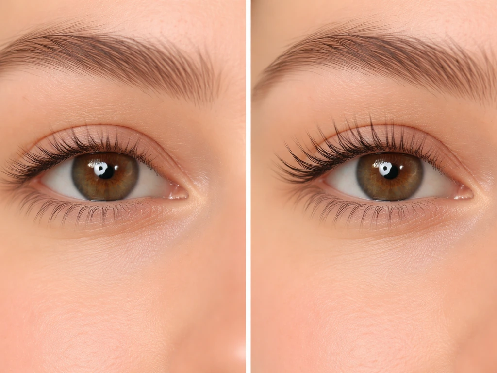 Close-up of an eye with healthy short lashes beside a second set showing longer, fuller lashes, minimal background.
