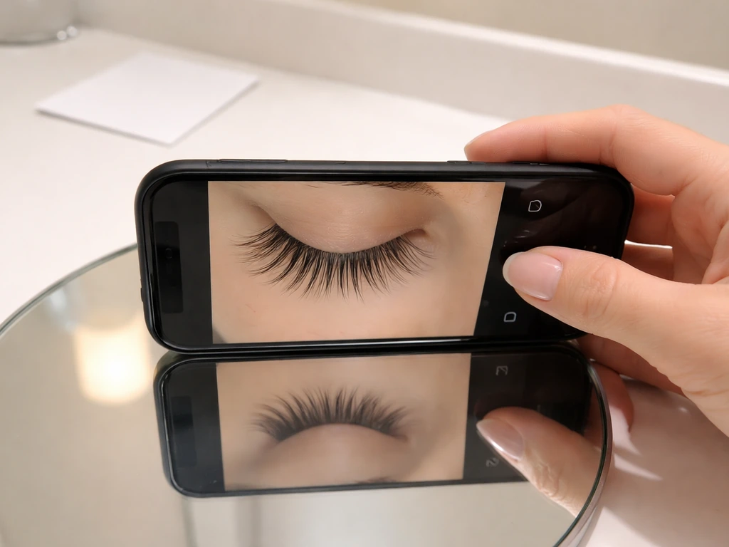 Person taking a standardized close-up photo of eyelashes using a smartphone and consistent lighting.
