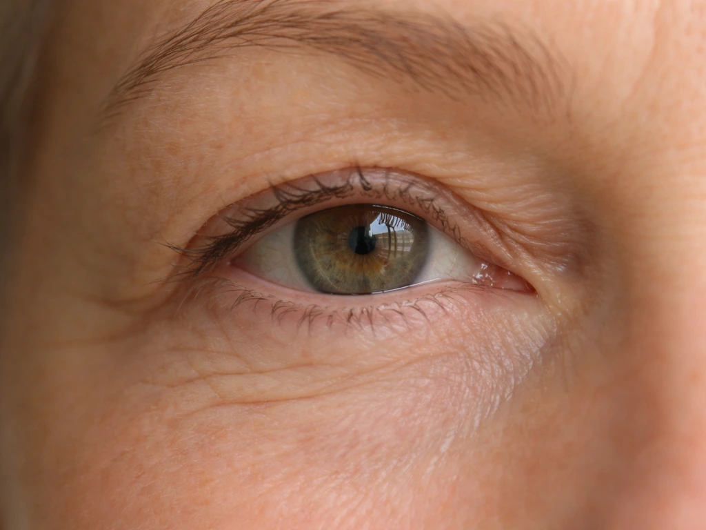 Close-up of a natural eye showing subtle eyelash thinning, softly lit in minimal background.