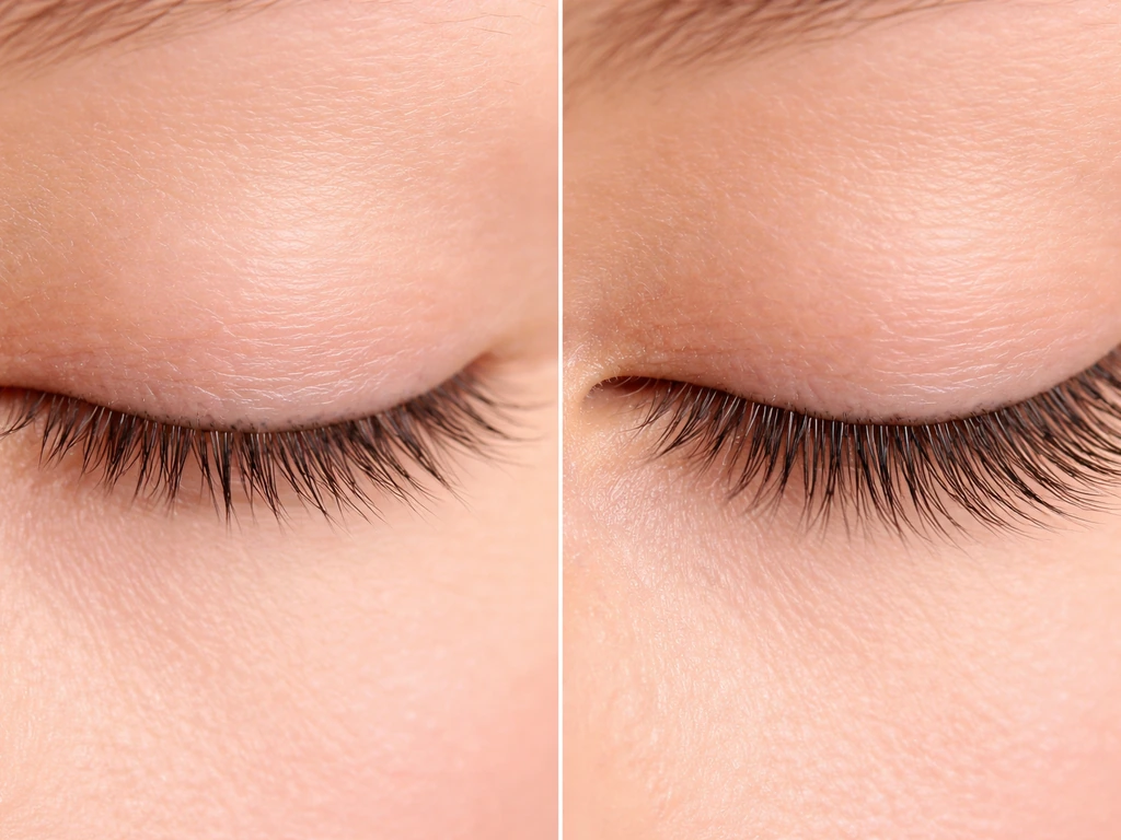 Two close-up lash-line views: one shows shorter, sparser lashes; the other shows healthy, full lashes.