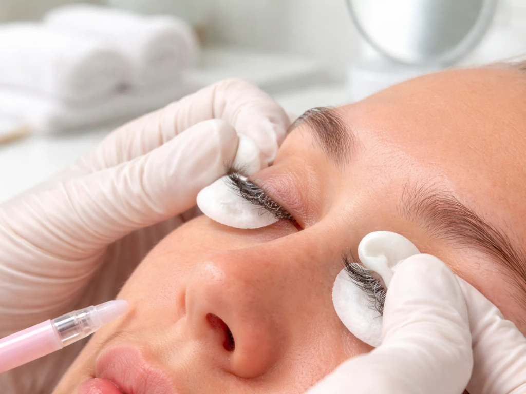 Gloved hands using eyelash extension remover pads and gel near the lash line, showing irritation.
