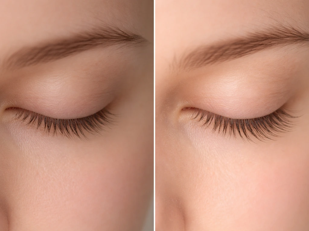 Minimal close-up showing an eyelash growth timeline concept with soft focus lashes in two lighting phases