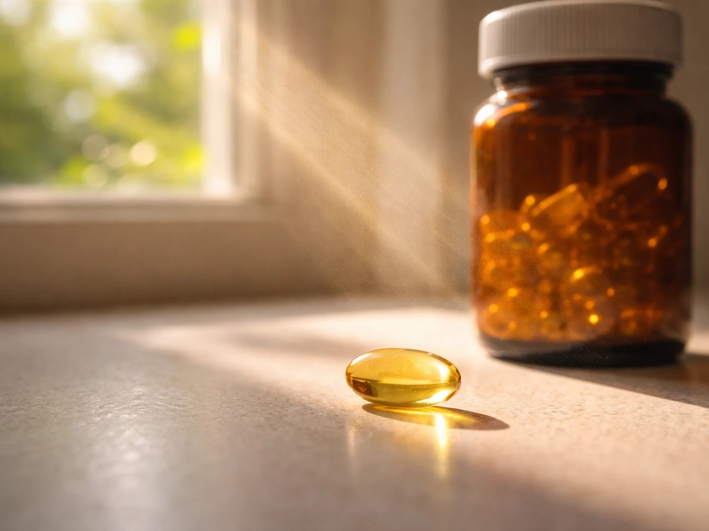 Close-up of a vitamin D3 capsule with a soft sunbeam and a bottle near a window.