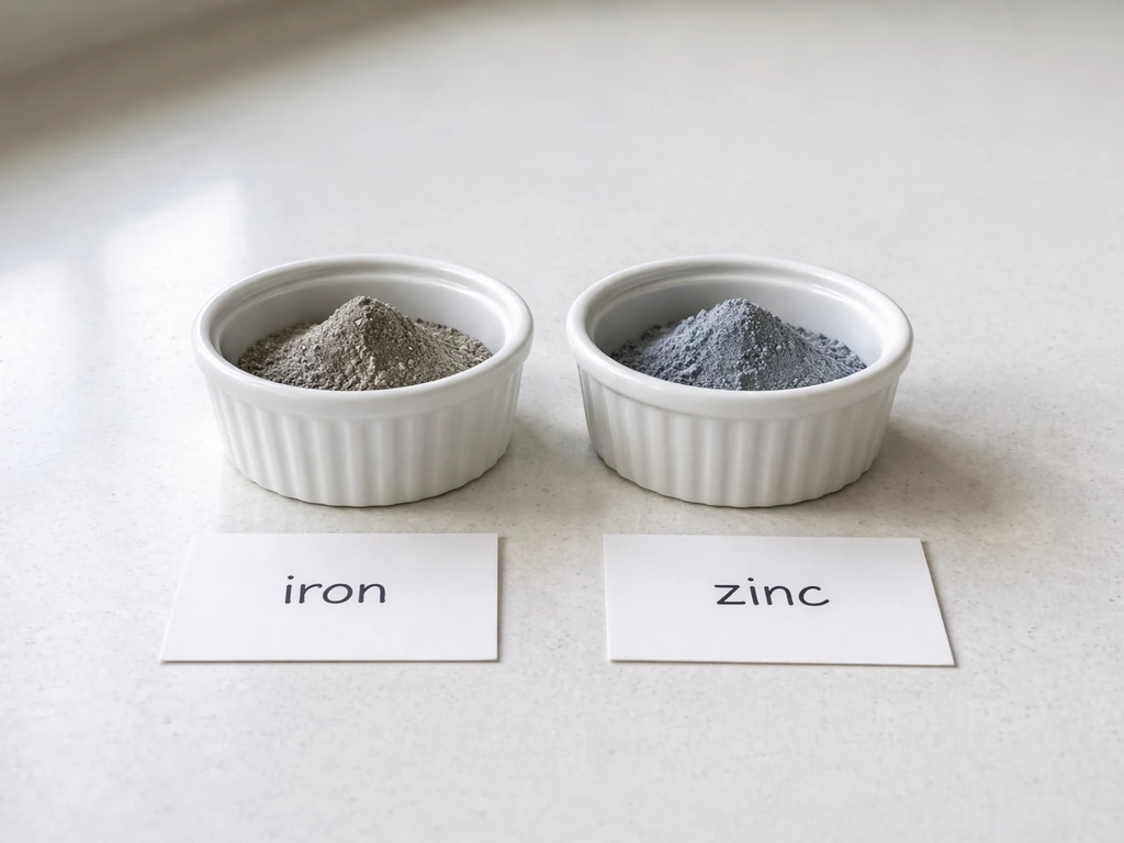 Two small ramekins with mineral powders labeled for iron and zinc on a kitchen counter.