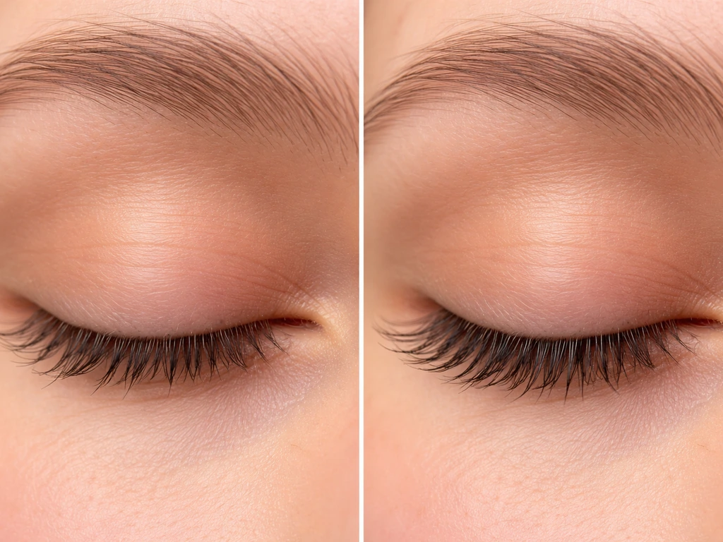 Before/after close-up of lashes at the eyelid margin: short damaged lashes vs longer regrowth.