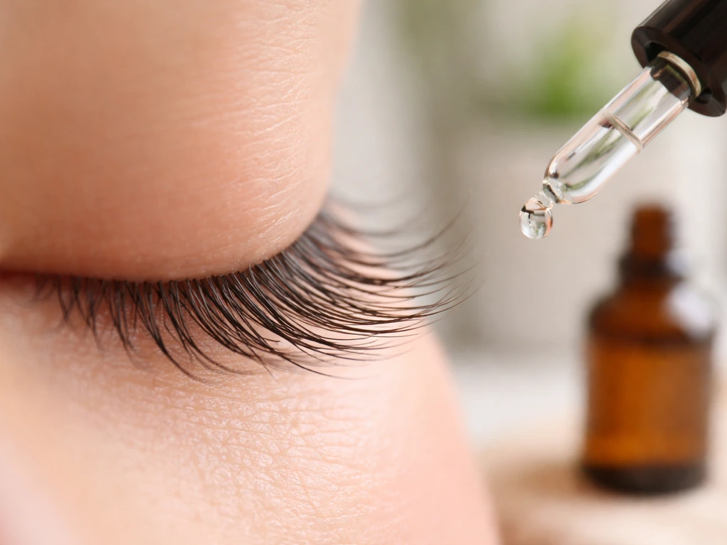 Close-up of lush eyelashes beside a small dropper bottle of diluted tea tree oil, eye-safe concept.
