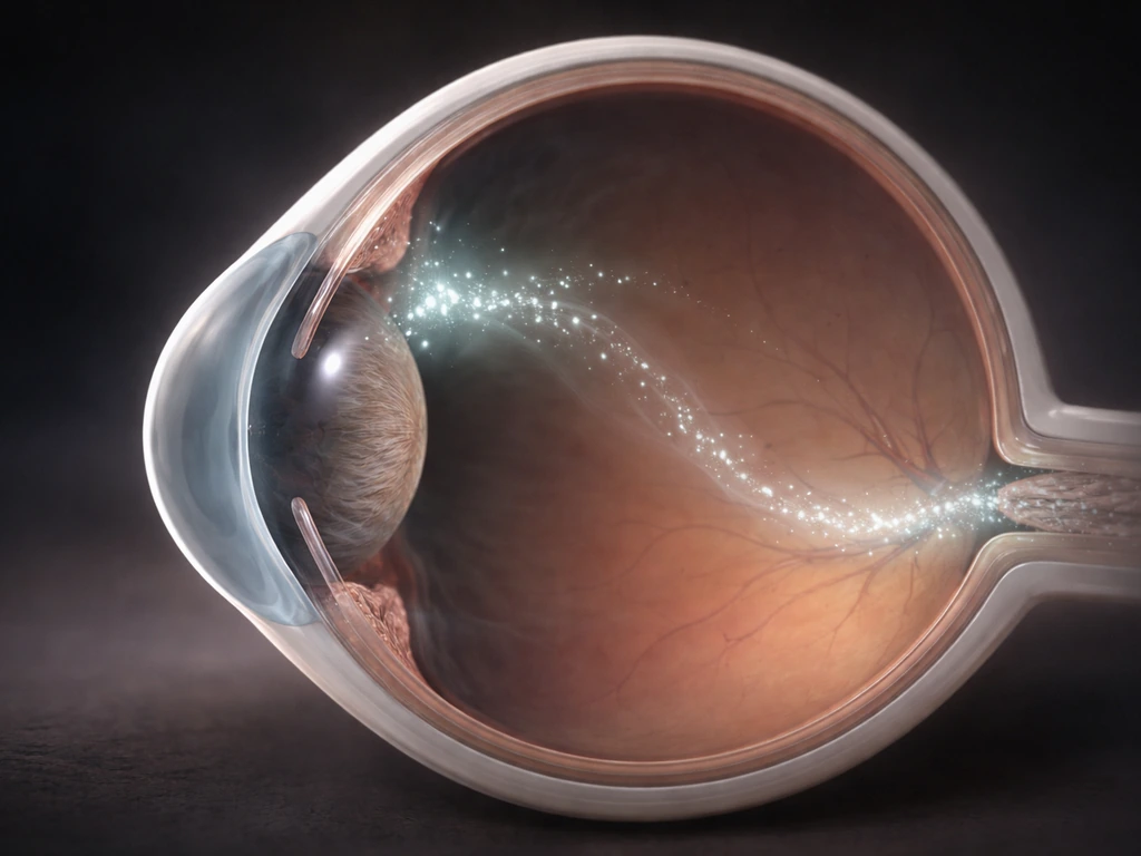 Minimal medical-style photo of a simplified eye cross-section with subtle alpha-2 receptor-like glow around it.