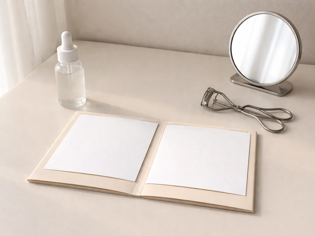 Minimal desk scene with a dropper bottle and eyelash tools beside blank comparison cards.
