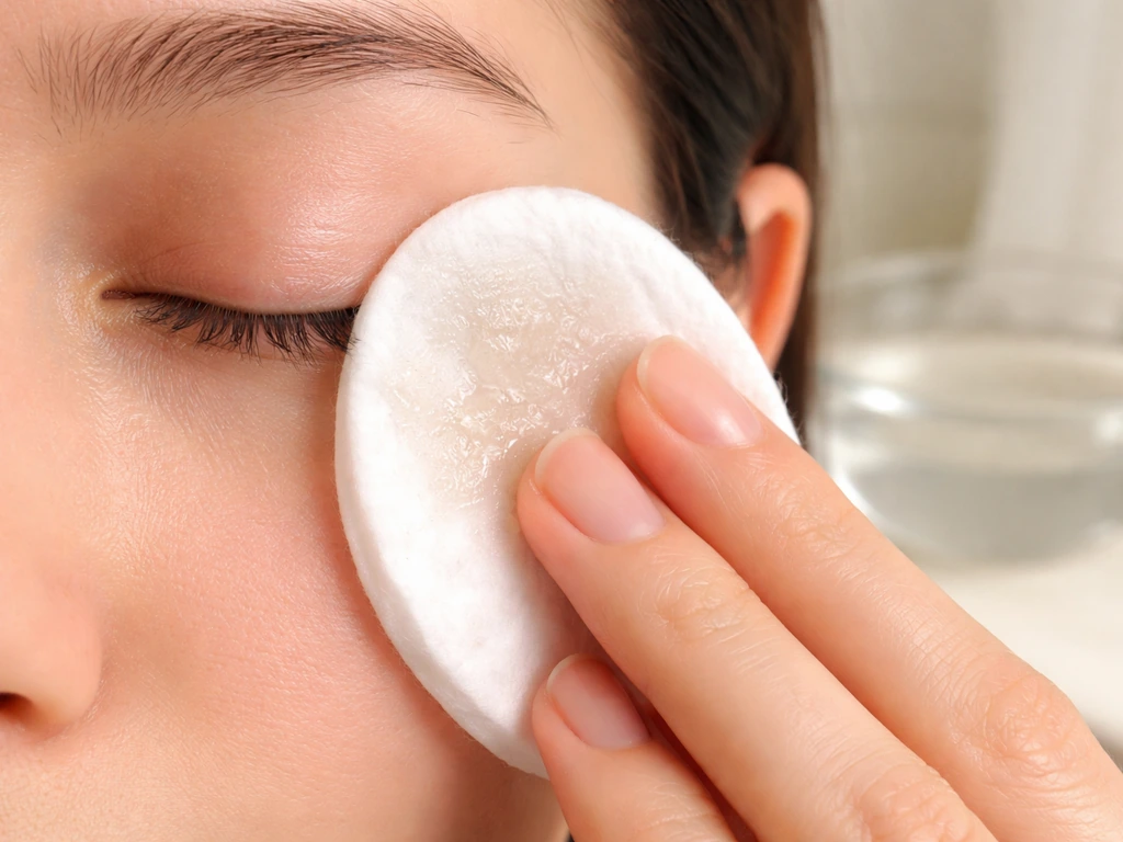 Close-up of a person’s eye area cleaning with a cotton pad and oil-based cleanser, serene morning routine