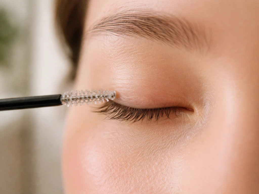 Close-up of a disposable applicator applying clear lash serum along the lash line in natural light.