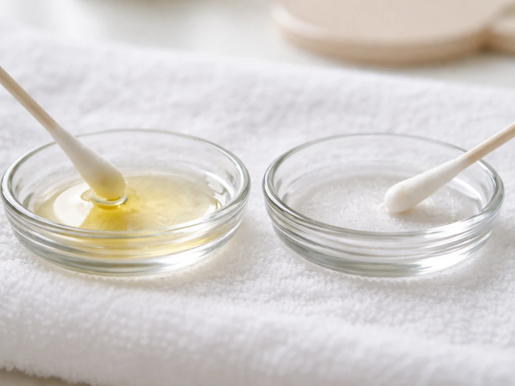 Close-up of two cotton swabs showing excessive oil pooling versus a light oil application staying off the lash line