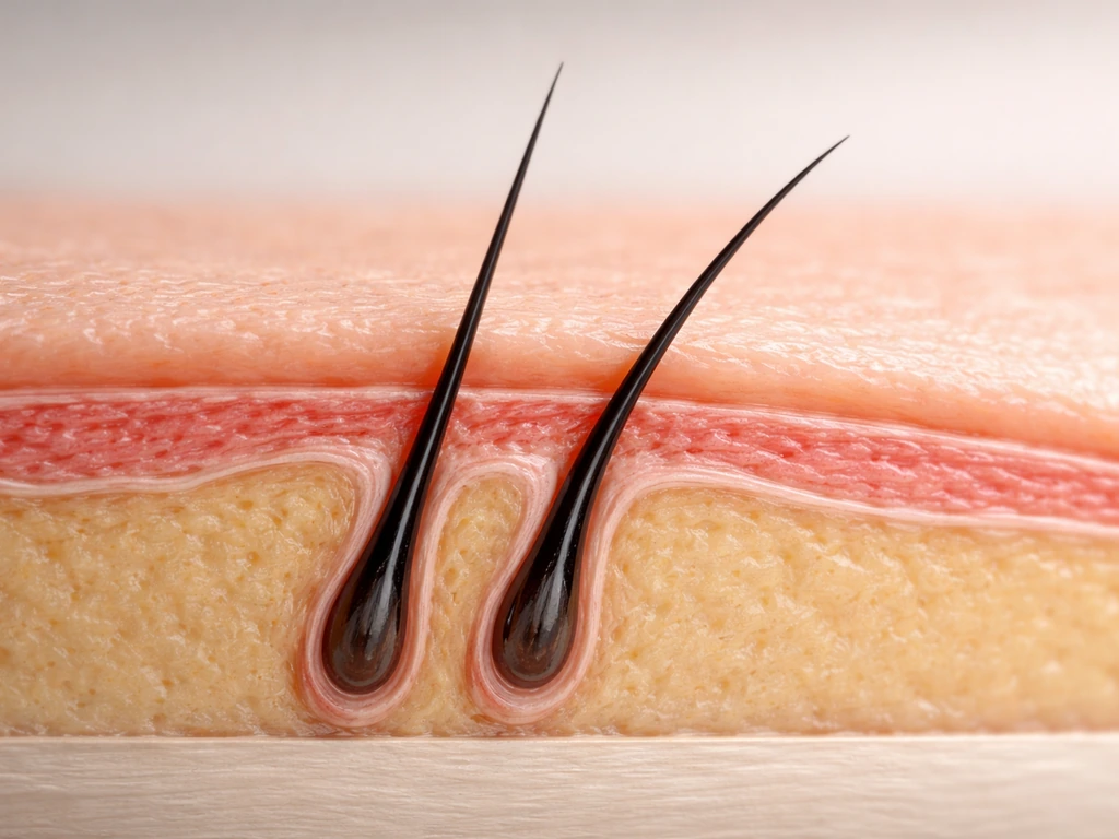Minimal macro view of eyelid tissue showing follicles at depth and lashes emerging at different angles.
