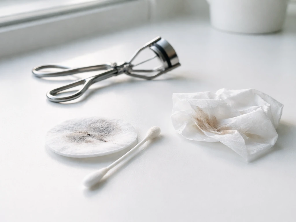 Close-up of lash extension residue tools kept away, with a lash curler and clean cotton pad in view.