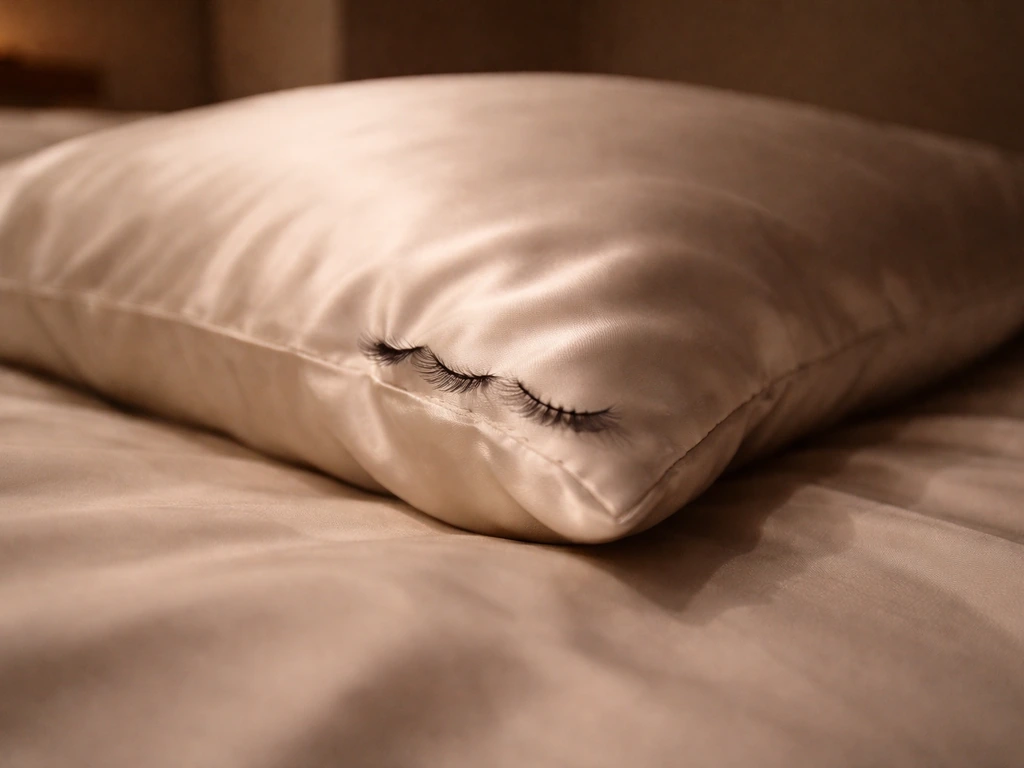 Close-up of silk pillowcase with lashes gently aligned along the edge, not pressed flat.