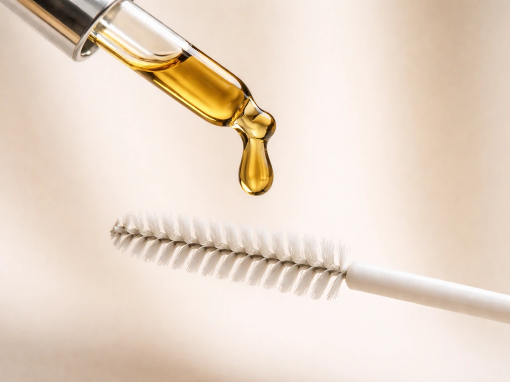 Close-up of a dropper dispensing castor oil onto a spoolie for lash growth support.