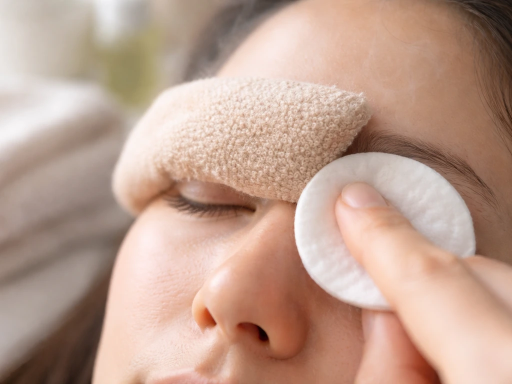 Warm compress over a closed eye while a cotton pad gently cleans the lash line.