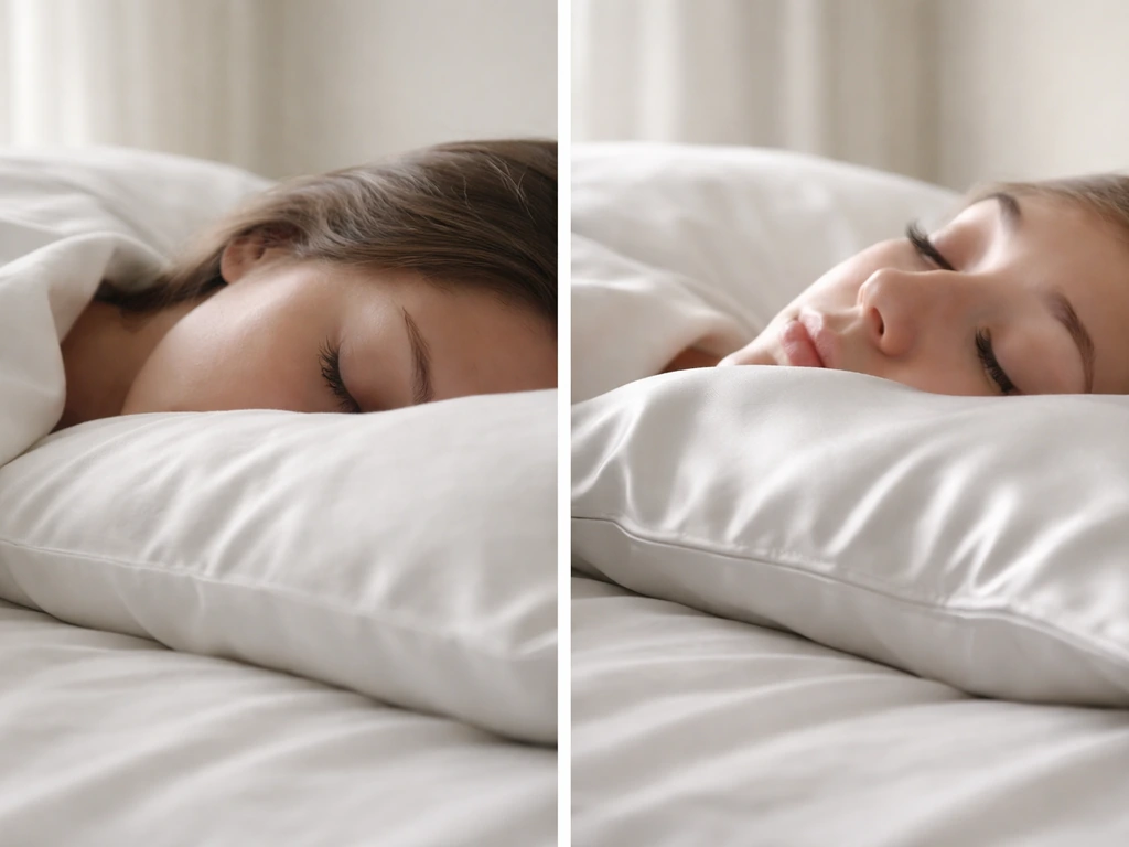 Split scene of face-down sleep flattening lashes vs back sleep with silk barrier preserving lashes.