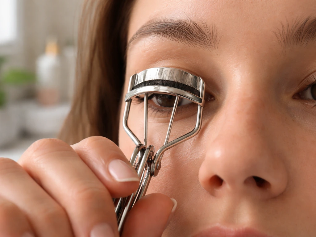 Close-up of a lash curler gently placed at the lash base to lift lashes upward before mascara.