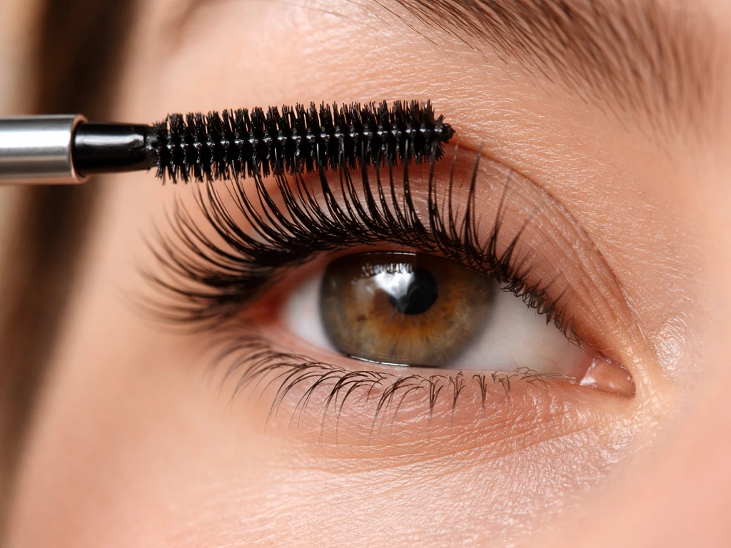 Close-up of a spoolie brushing mascara upward from lash base to tip
