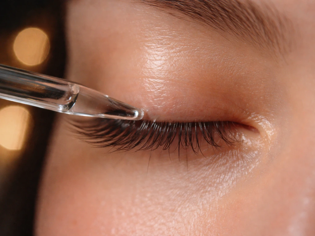 Close-up of natural upper eyelashes with a clear nighttime serum applicator gently brushing along the lash line.
