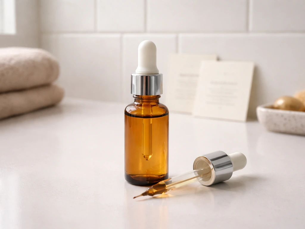 Peptide lash serum bottle and applicator droplet on a clean bathroom counter with simple ingredient cards.