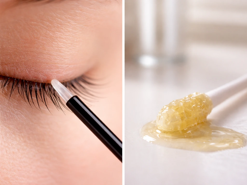 Closeup of peptide lash serum applicator and castor oil on lashes with distinct textures