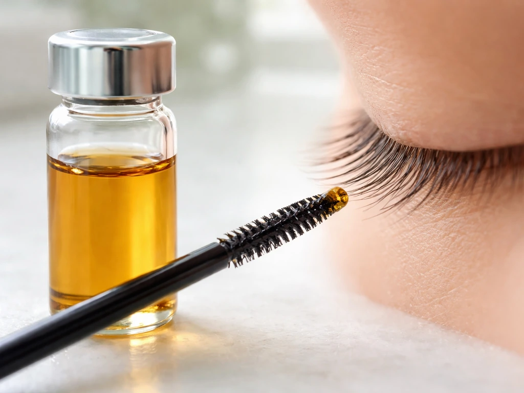 Close-up of castor oil in a small vial beside a lash brush with oil at the lash edge.