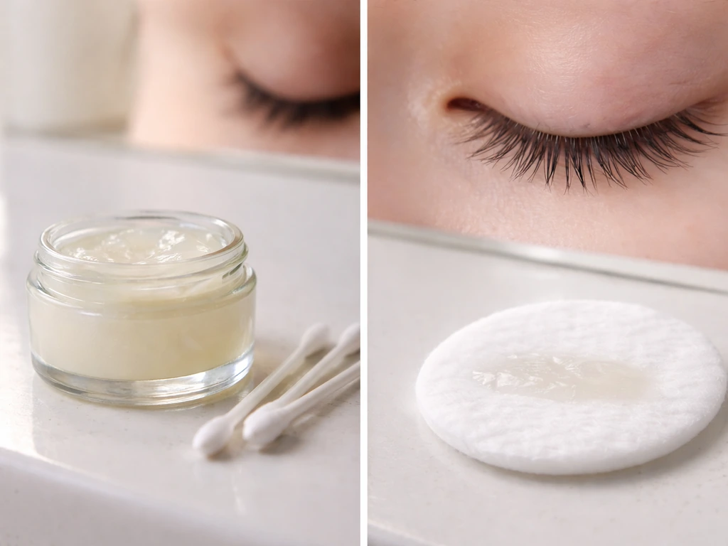 An unused Vaseline-style jar and cotton swabs near a clean lash line, signaling what to avoid